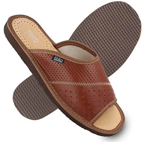 filsko® Louns - Slippers Herren - offen - EVA Sohle - Naturleder - rutschfest - atmungsaktiv - braun - 41 EU