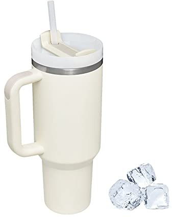Travel Tumbler with Straw Lid and Handle,Travel Mug 40oz/30oz Stainless Steel Coffee Travel Insulated Cup Mug Leak Proof Vacuum Insulated Water Bottle for Cold & Hot Drinks (New White 40oz)