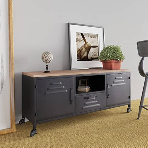 puraday Mueble TV Hierro y Madera Maciza de Abeto Negro 110x30x43 cm Muebles Salon Mueble TV con Ruedas Mesa Television Aparador Armario Auxiliar Mesa De Centro Estable Y Duradero Estilo Vintage