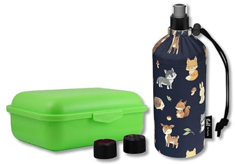 Emil Trinkflasche aus Glas inkl. Brotbox & Ersatzverschlüsse – Starterset zur Einschulung - BPA-frei & schadstofffrei, isolierend – Ziehverschluss für Wasser, Saft & Milch – Waldfreunde (0,4l)
