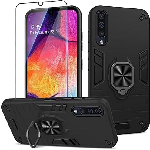 Btstring Cover per Samsung Galaxy A50 con Pellicola Protettiva, Grado Militare Custodia con Cavalletto in Metallo Rotante a 360°, Hard PC Back Cover e TPU Bumper Antiurto Case- Nero