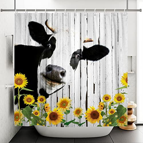 Ttincceer 180x200cm Tenda Doccia Mucca Nero Bianco - Highland Mucca con Girasole, Divertente Animale Fattoria, Impermeabile per Bagno e Vasca