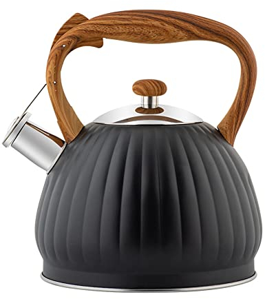 BYNYXI Bouilloire Sifflante Rétro, 3.5L en Acier Inoxydable Bouilloire à Induction Bouilloire Sifflante Moderne avec Poignée en Bois Veiné Bouilloire Gazinière Camping Bouilloire Sifflante pour Lait
