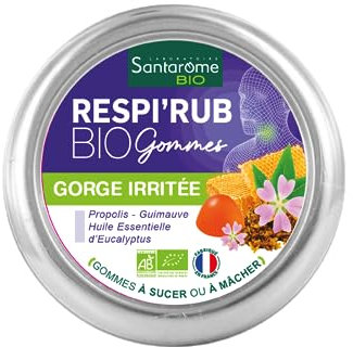 Santarome Bio - Respir'Rub Gommes Bio - Gorges irritées - Propolis - 45 gommes à mâcher - France