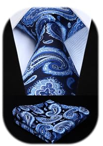 HISDERN Krawatte Herren mit Einstecktuch - Krawatten Extra Lange Königsblau Paisley Seide Hochzeit Krawatte und Taschentuch Set für Männer