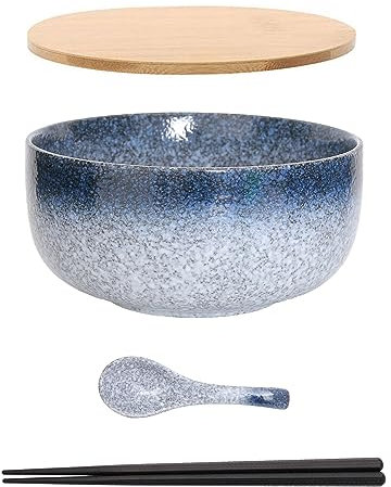 Ramen Schüssel Keramik Set mit Löffel Essstäbchen,1100 ML Großer Suppenschüssel,Salatschüsseln Für Suppe, Pho und Sushi Bowl (Stern grau Set)