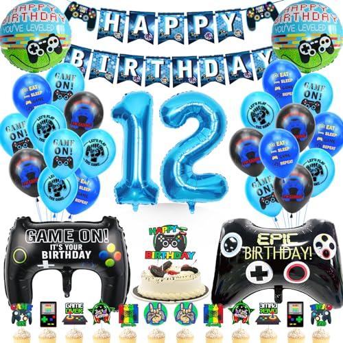 WAZIWE Gaming Deko Geburtstag Junge, Geburtstagsdeko Jungen 12 jahre beinhaltet Ballon Girlande, Geburtstagsbanner, Tortendeko, Gamer Deko, Folienballon 12