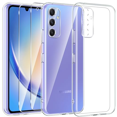 Kokio für Samsung Galaxy A34 5G Hülle mit 2 Stück Schutzfolie, Rundumschutz Transparente TPU Handyhülle für Samsung A34, Stoßfeste Kratzfeste Handyhülle und Kein Vergilben, Ultra Dünn(6,6'')