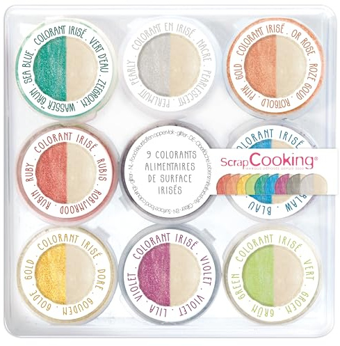 ScrapCooking - 9 Colorants de Surface Irisés - Colorants Alimentaires en Poudre - Doré, Argenté, Or Rose, Bleu, Vert - Effet Métallique - Pour Pâtisserie, Gâteaux, Macarons - 4274