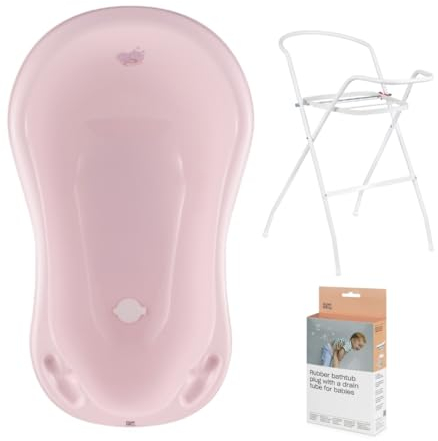 Hylat Baby Babybadewanne mit Gestell und Abfluss - TÜV Rheinland zertifiziert - ergonomisch und komfortabel für Neugeborene und Babys - Lite-Kollektion - Farbe: Rosa, Motiv: Hug Me