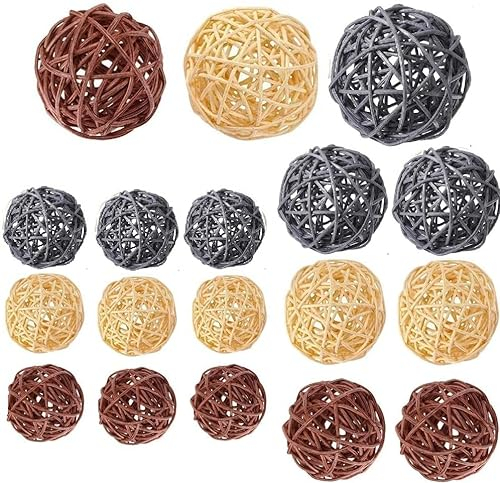 LATRAT 18 Stück Deko Kugeln Rattankugeln Dekokugeln Wicker Rattan Ball, Kugeln Hochzeit Tischdeko Party Hängedeko Aromatherapie Duft Kaninchen Vogel Papagei Kauspielzeug, Holz, hellgrau, Curry