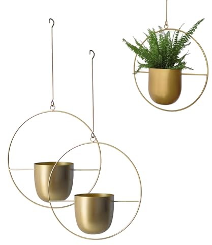 LIKEUDO 2 macetas colgantes de metal dorado para plantas suculentas, macetas decorativas para decoración de paredes (redondas)