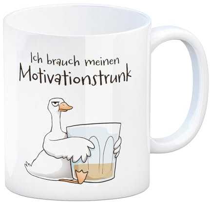 Gilbert die Gans Kaffeebecher mit Spruch Ich brauch meinen Motivationstrunk Motivierender Männerkaffee Anti-Miesepeter Tasse Arbeitshilfe Witzig Männlich
