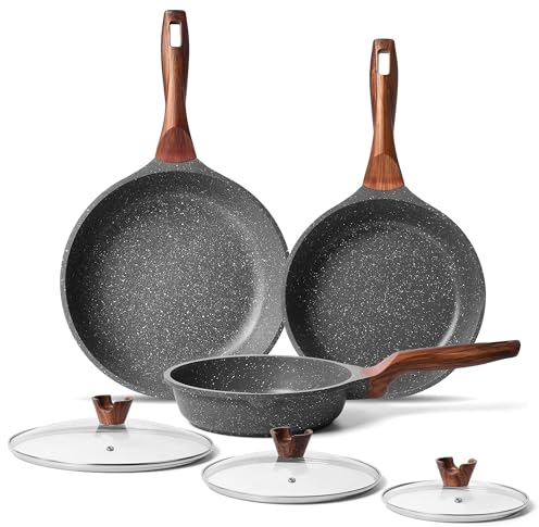 RIOVARM Antiadherente Juego de sartenes con tapas Inducción Juego de sartenes con mango resistente al calor Granito Sartén para tortillas sin PFOA Mármol Batería de cocina 20cm 24cm 28cm