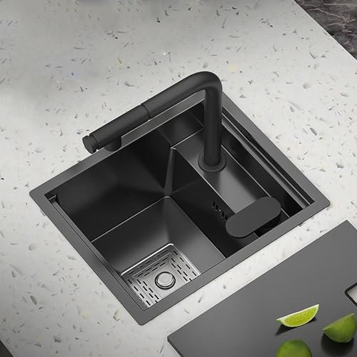 Fregadero Cocina 1 Seno Lavabo Sobre Encimera Negro Cocina, Fregaderos Pequeños Fregadero Oculto con Tapa 320 * 390mm