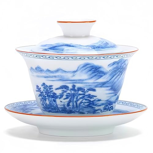 NIUKOMY Gaiwan 200ML, Tazza da Tè cinese Tradizionale, Vintage Tazza da Tè Kung Fu, Classica Ciotola da Tè in Ceramica con Piattino e Coperchio, Blu Paesaggio