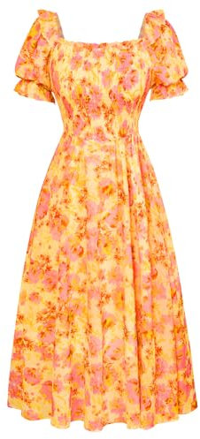 SCARLET DARKNESS Robe Victorienne pour Femme - Col carré - en Mousseline de Soie - Élégante Robe Florale, Fleurs orangées et Roses, XXL