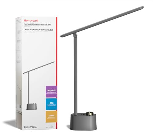 Honeywell Upgraded LED-Schreibtischlampe - H01 Pro Sunturalux™ klappbare Schreibtischlampe mit USB A+C Ladeanschluss, 3 Farbmodi dimmbare Tischlampe für Zuhause Büro Lesen (Grau)