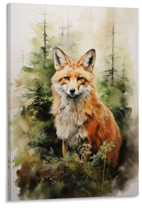 FYFMUSHE Kunstdruck auf Leinwand, Vintage-Fuchs, rustikal, rot, Natur, Tier, rustikales Gemälde, Kunstposter, gerahmtes Kunstwerk für Zuhause, Schlafzimmer, Wohnzimmer, Büro, Wanddekoration