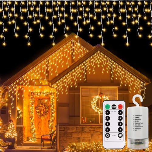 DBFAIRY Eisregen Lichterkette Außen Batterie, 6M 300 LED Lichterkette Weihnachten mit Fernbedienung Timer, Wasserdicht 8 Modi Weihnachtslichterkette für Haus Veranda Hochzeit Dekoration-Warmweiß