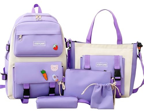 Cnwinu Mädchen-Rucksack-Set, Mädchen-Schultasche, einlagiger, niedlicher Rucksack, Tragetasche, Stifttasche, Crossbody-Tasche, Kinder-Rucksack, lässiger Alltagsrucksack, violett, L, Casual
