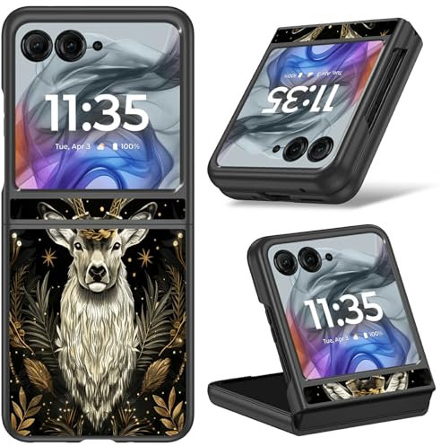 Slim Case for Moto Razr 2024 with Art Deer Moon Print, Hard PC Shockproof Wireless Charging Cover Women Girls Flip Phone Case for Motorola Razr 50 2024