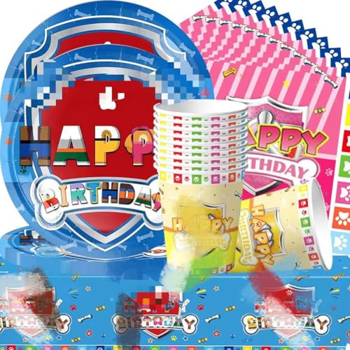 Dog Vaisselle Fournitures, Ensemble Vaisselle Fête Kit,Vaisselle De Fête Dessin animé,Décorations de Fête d'anniversaire Filles/Garcon,assiettes, gobelets, serviettes, Nappe (41PCS 10Invités)