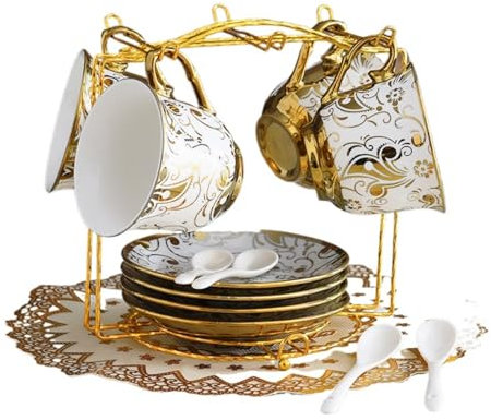 Luxuriöses Keramik-Kaffeetassen-Set mit Goldrand, europäisches kreatives Teeservice mit Untertasse und Löffel, englische Kaffeetasse und Tellerhalter (Goldene Blume 4 Tassen Untertasse)