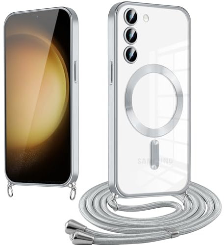 Knrlqim Magnetica Cover con Cordino per Samsung Galaxy S23 5G,Custodia con Laccio Collana Tracolla Collo Corda Regolabile,Compatibile con Magsafe,Trasparente Placcatura Silicone Case,Argento