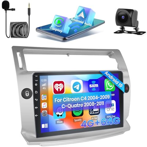 Hikity [4+64GB] Android 15 Autoradio für Citroen C4 2004-2009/C-Quatre 2008-2011 Radio CarPlay Android Auto Wireless Bildschrim 9 Auto Radio Bluetooth Mirror Link Navi GPS EQ DSP WiFi FM
