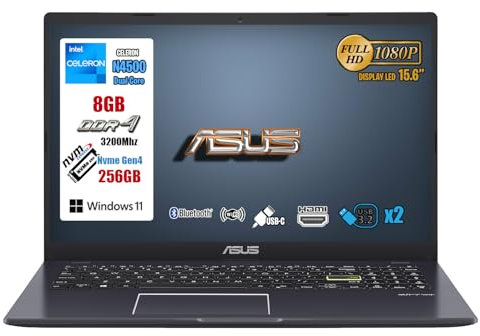 ASUS Laptop 15,6 Zoll FullHD – Notebook Intel N4500, 8 GB RAM, SSD 256 GB, Windows 11, HDMI, USB Typ-C, WLAN-Maus inklusive – Laptop, perfekt für Studio, Arbeit und Zuhause