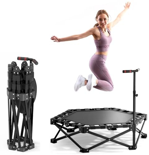 Trampolin Indoor Klappbar, mit Verstellbarem Griff, Trampolin für Jumping Fitness, Einfach zu Organisieren und Aufzubewahren, Keine Installation erforderlich, Tragfähigkeit 200 kg