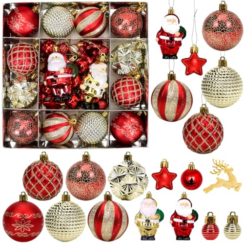 Weihnachtskugeln Rot Gold, 44pcs Christbaumkugeln Set 6cm, Weihnachtsbaumkugeln Rot Goldene Kunststoff mit Anhänger für Christbaumschmuck Weihnachtsdeko Gold Rote