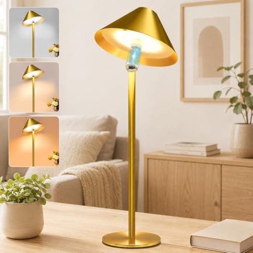4000mA Tischlampe Kabellose LED, 360° Magnet Schwenk Design, 3‑Lichtfarben | Akku Touch Lampe, 3‑Lichtfarben & Stufenlos Dimmbar, Touch‑Steuerung, Lange Laufzeit, für Esstisch & Outdoor, Gold