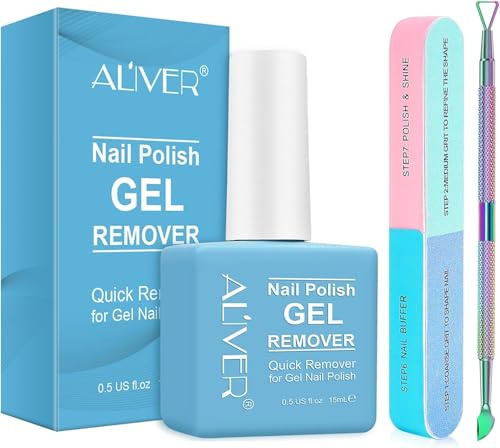 Gel Nail Polish Remover Kit – 15ml Remover with Scraper & 7-Step Nail Buffer