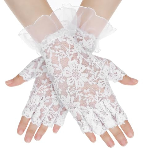 Xinjoduz 1 Pair White Lace Gloves for Women, Womens Short Floral Fingerless Gloves for Women