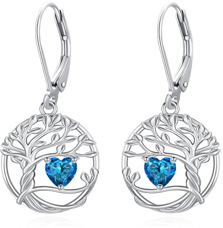 Eusense Boucles d'Oreilles Arbre de Vie avec Cœur en Pierre de Naissance Bijou Cadeau Personnalisable pour Anniversaire et Fête des Mères