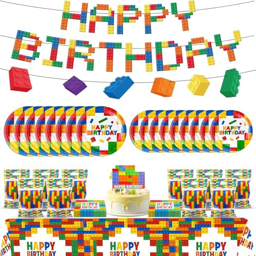 Rdlobu Baustein Geburtstagsdeko Set, Baustein Party Dekoration | Bausteine Partygeschirr Set mit Bausteine Banner, Servietten, Pappteller, Tischdecke, Geschenktüten