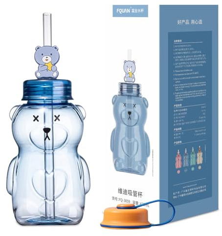 VorPrillynt bear Water Drinking Bottle, 430ml Water Bottle with Straw, Reusable Water Bottle Drinks Bottle Flip for School Nursery Sports Picnic(blue)