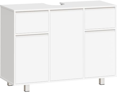 BEWISHOME waschbeckenunterschrank Badezimmer Unterschrank mit 2 schubladen | 90x30x62,5cm Unterschrank Waschbecken Stehend badezimmerunterschrank mit Füßen 3 Türen, unterschränke fürs bad Weiß Hochglanz