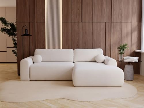 GRAINGOLD Savana L 257x177 cm, L-Form Sofa, Schlafcouch für Wohnzimmer, Bouclé-Stoff, 3-Sitzer Eckcouch, Ecksofa mit Bettkasten (Weiß, Rechts)