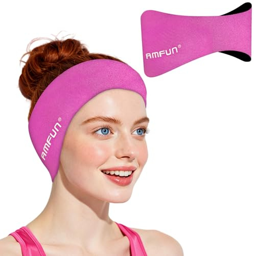 AMFUN Schwimmen Stirnband, Neopren Schwimmband, Hohe Elastizität, Wasserdichtes Kopfband Haarband, für Tauchen, Pool und Wassersport (Rosenrot, L)