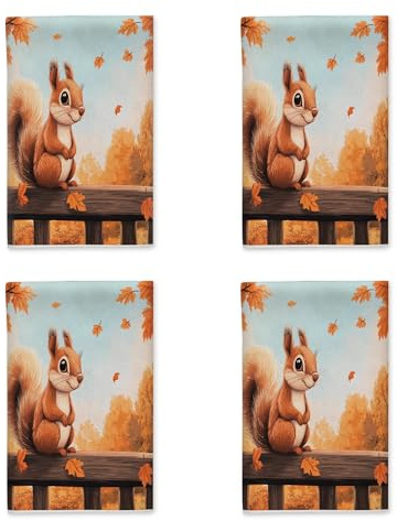 Küchenhandtücher mit Eichhörnchen-Motiv, Cartoon-Herbstzaun, Ahornblatt-Druck, schnell trocknend, Geschirrtücher, Landhausstil, Einweihungsgeschenk zum Kochen, Küche, Badezimmer, 4 Stück