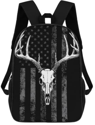 Hirschschädel-Jagdrucksack mit US-Flagge, klassischer 43 cm (17 Zoll) Rucksack | Reiserucksack, lässige Schultertasche mit verstellbarem Gurt für Damen und Herren