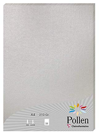 Clairefontaine 24389C Packung mit 25 Blatt Pollen, DIN A4, 210 x 297 mm, 210g, Perlmutt Silber