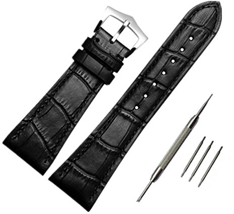 ODETOJOY Herren echtes Leder 25mm Uhrband schwarz Uhrenarmband Silber Edelstahl Schnalle Bars Link Pins mit Entferner Reparatur