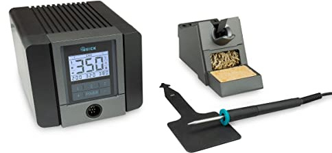 Quick TS1200 digital regelbare ESD Lötstation 120 Watt inkl. Lötkolben mit 1 mm Rapid-Kartuschen-Lötspitze und Zubehör SMD Lötstation für Industrie, Labor, Schule und Hobby in 7 s auf 350 °C