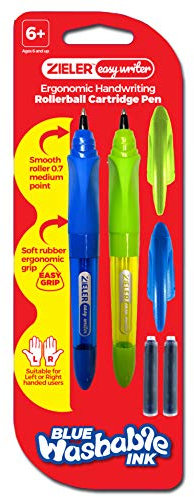 Zieler Ergonomic Handwriting Rollerball Cartridge Pen (twin pack) Suitable for right & left handed use – Soft rubber ergonomic grip – Extra smooth medium-point 0.7mm nib – 2 ink cartridges