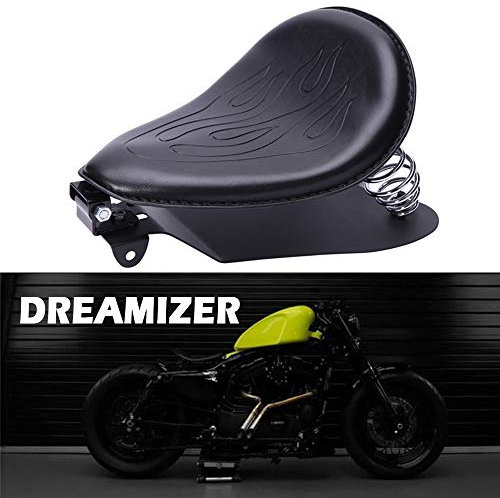 DREAMIZER Schwarzer Motorrad Leder Bobber Sitz, Motorrad Solositz mit Federhalterung Grundplatte für Sportster XL883 1200 48 Chopper Custom