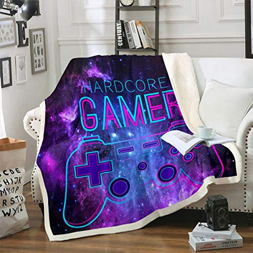 Gamepad Plush Throw Blanket for Girls Boys Kids Sofa Couch Bedroom Decor Gamer Fleece Blanket Video Game Sherpa Blanket Modern Game Controller Purple Galaxy Fuzzy Blanket Single 50x60